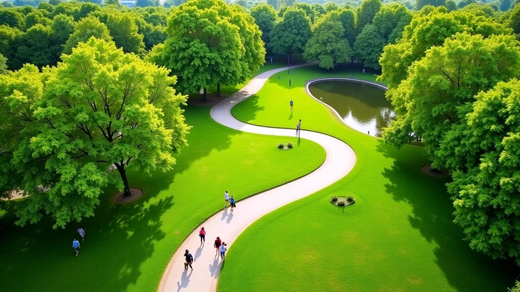 Lush green park with water features and walking paths at Rivierenhof