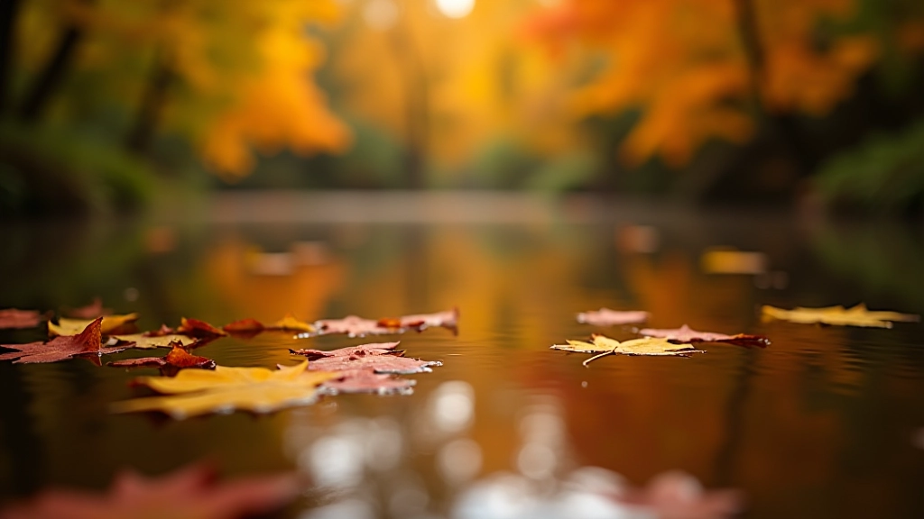 Herfstbladeren reflecterend in wateroppervlak van vijver in park