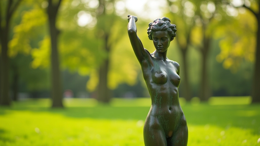 Abstracte bronzen sculptuur in park met groene achtergrond en natuurlijk licht