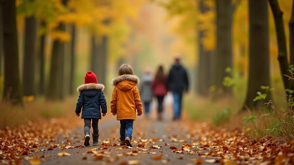 Kinderen wandelend op bospad met ouders in voorbijgang, herfstlandschap met bladeren