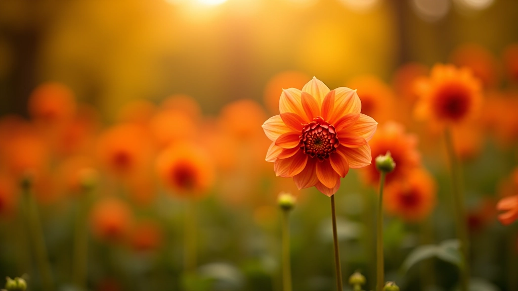 Dahlia's in herfstkleuren - oranje, rood en geel - met rijpe vruchten en herfstbladeren op de achtergrond