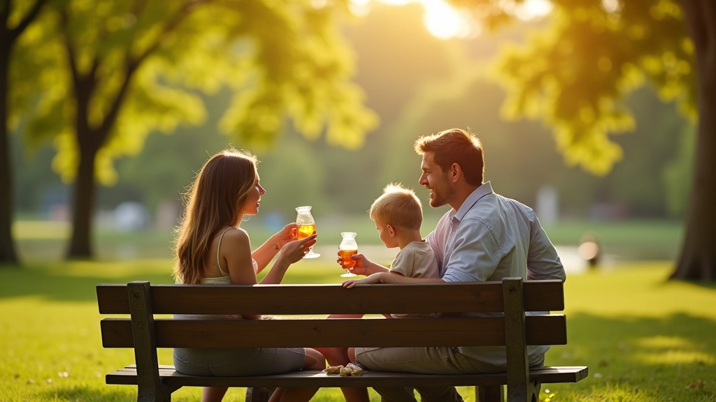 Familie rustend op bankje in park met uitzicht, genieten van het moment met drank en snacks