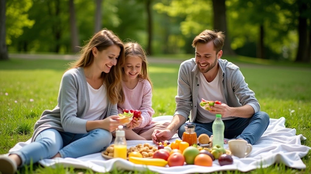 Gezin zittend op picknickkleed met gezonde snacks, water en fruit op zonnig grasveld