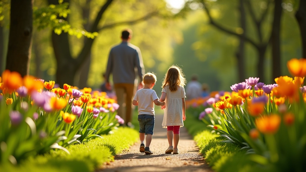 Familie wandelt door bloeiende tuinen in het voorjaar