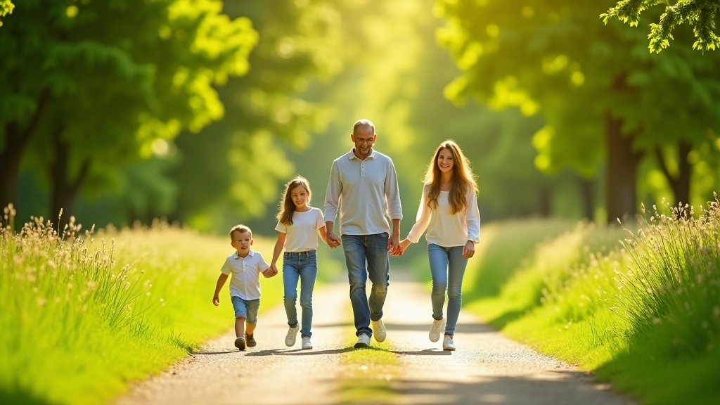 Familie wandelt samen op zonnig pad door park, kinderen lopen vooruit