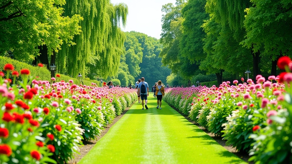 Groen landschap met bloeiende planten en wandelaars in Rivierenhof tuin