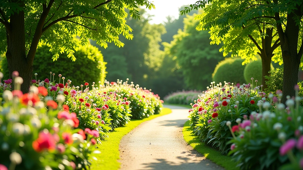Tuinlandschap met bloeiende bloemen en groene bomen in Rivierenhof