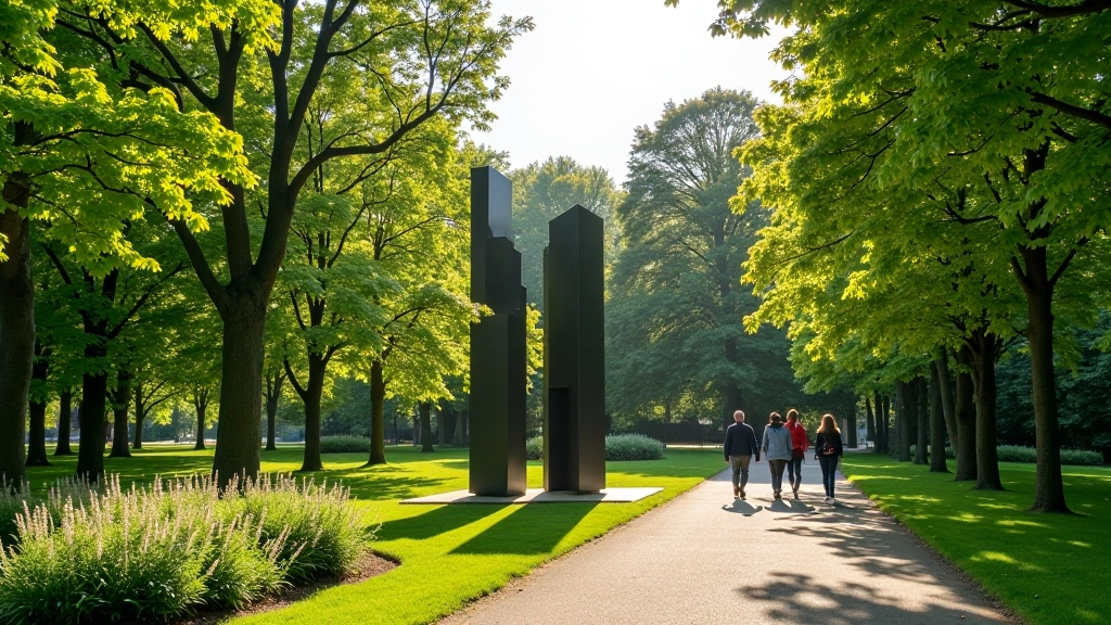 Beeldhouwwerk tussen groen in Middelheim park met wandelaars op achtergrond