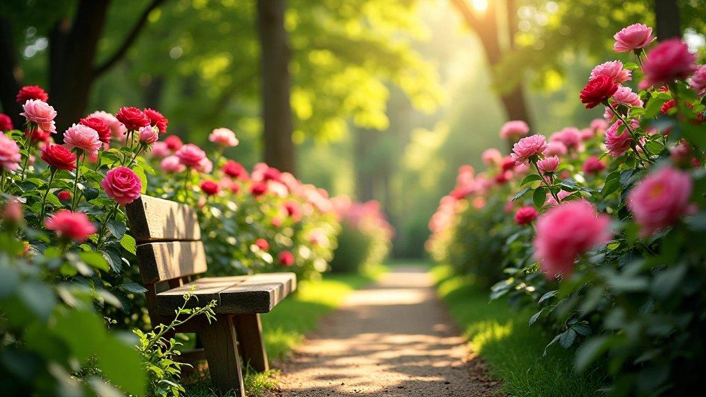 Romantische rozenuin met roze en rode rozen in zomerbloei, zonlicht door struiken, rustplek met bank