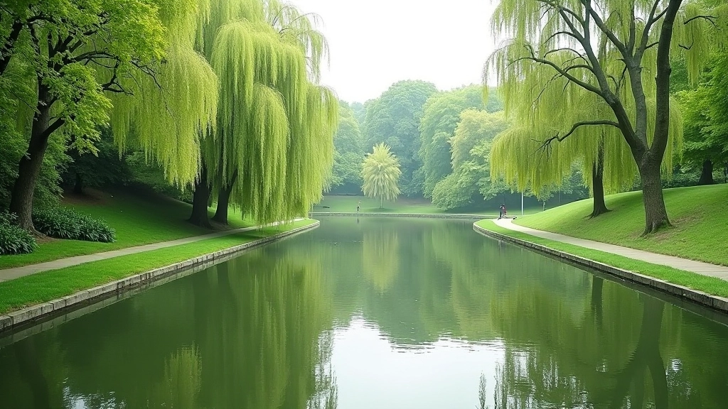 Wateroppervlak in Rivierenhof park met wandelpad en bomen langs de oever