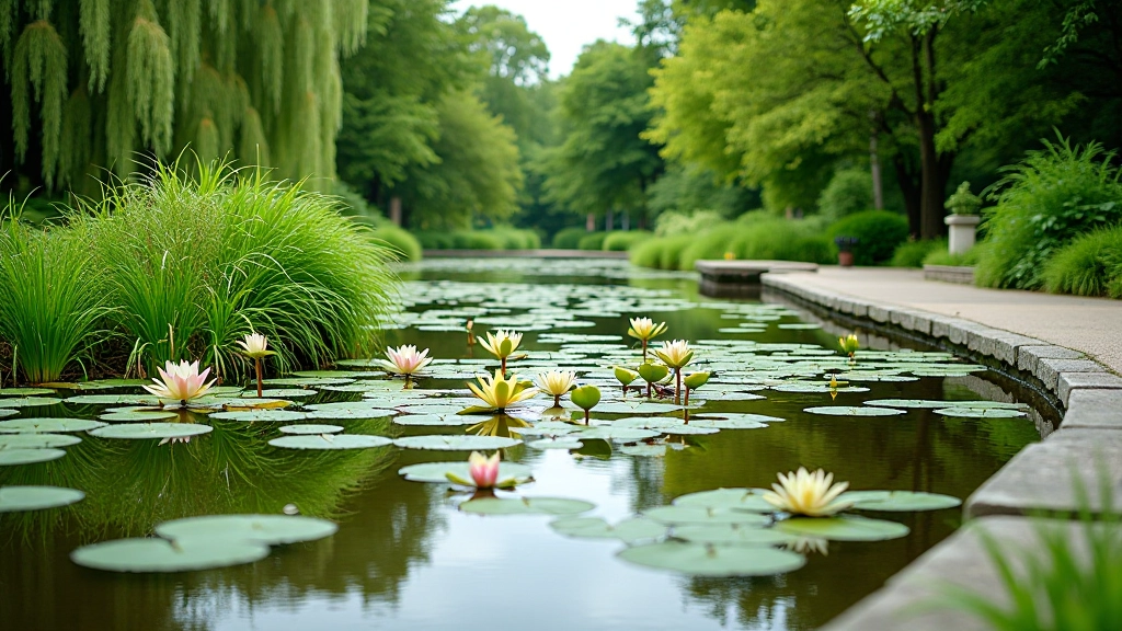 Waterpartij in Rivierenhof met waterlelies en wandelaars