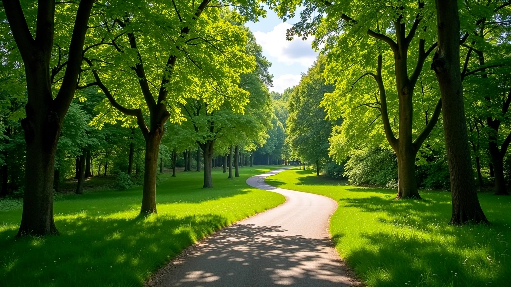 Zonnig park pad tussen bomen met vogels vluchtend in de lucht, heuvelig terrein