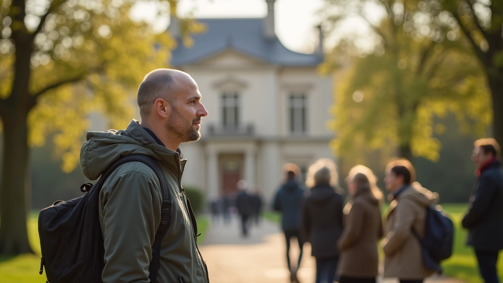 Gids laat groep architectuurdetails en historische gebouwen zien