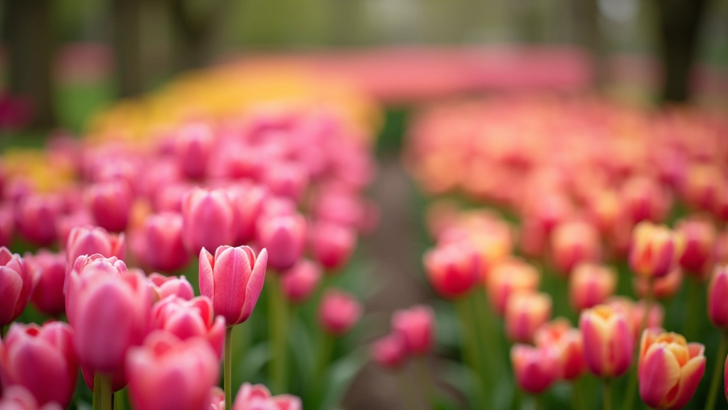 Kleurrijke tulpenveld in volledige bloei met roze, paarse en gele tulpen, vroege lente in het park