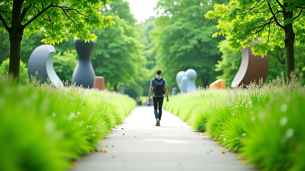 Wandelpad tussen kunstwerken en groene planten in beeldenpark